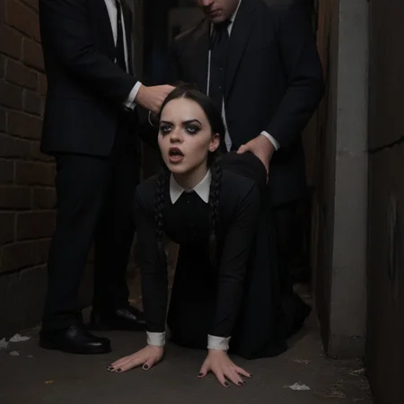 score_9, score_8_up, score_7_up, rating_explicit, realistic, masterpiece, seen from distance, ((wednesday addams)), 1girl, short petite goth girl, goth makeup tight black dress, film noir, dark night, pitch black night, on a dark alley, doggystyle, trash, two tall men, in suits, facefuck, angry face, woman fucked in mouth, fucked hard, hair grab, tears
Show less