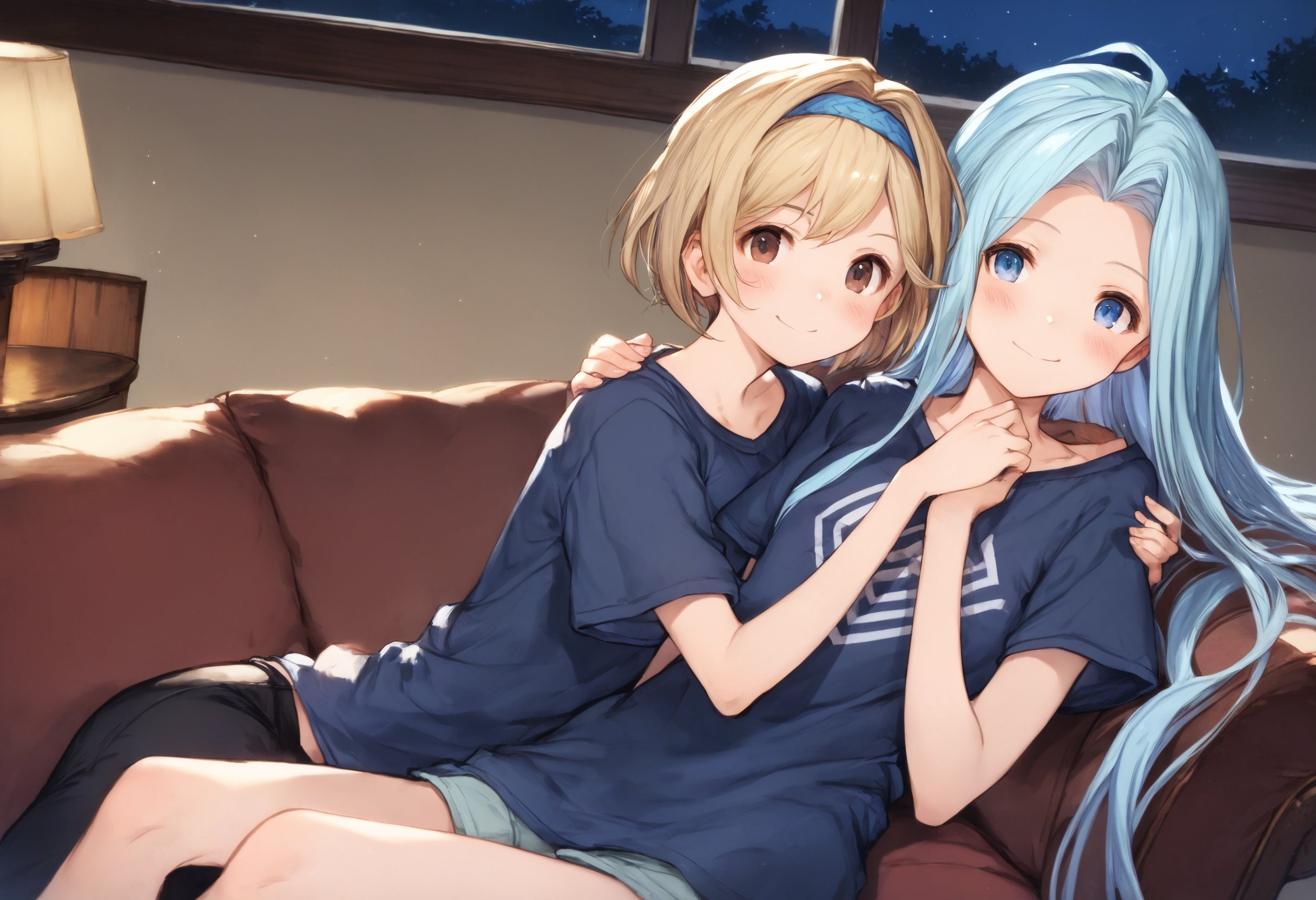 score_9, score_8_up, score_7_up, masterpiece, best quality, very aesthetic, absurdres, night, living room, 
side-by-side, leaning on person, leaning on shoulder, sitting on couch, 
(2girls, yuri:1.5), blush, happy smile, looking at viewer, t-shirt, (clear eyes:1.2), (holding hands:0.5), 
lyria \(granblue fantasy\), very long hair, blue hair, blue eyes, (skinny, body_slim:1.2),
djeeta \(granblue fantasy\), short hair, blonde hair, (hairband:0.7), brown eyes, 
<lora:JitaRuri-Pony:0.8> jitaruri, <lora:IshikePony:0.2>,