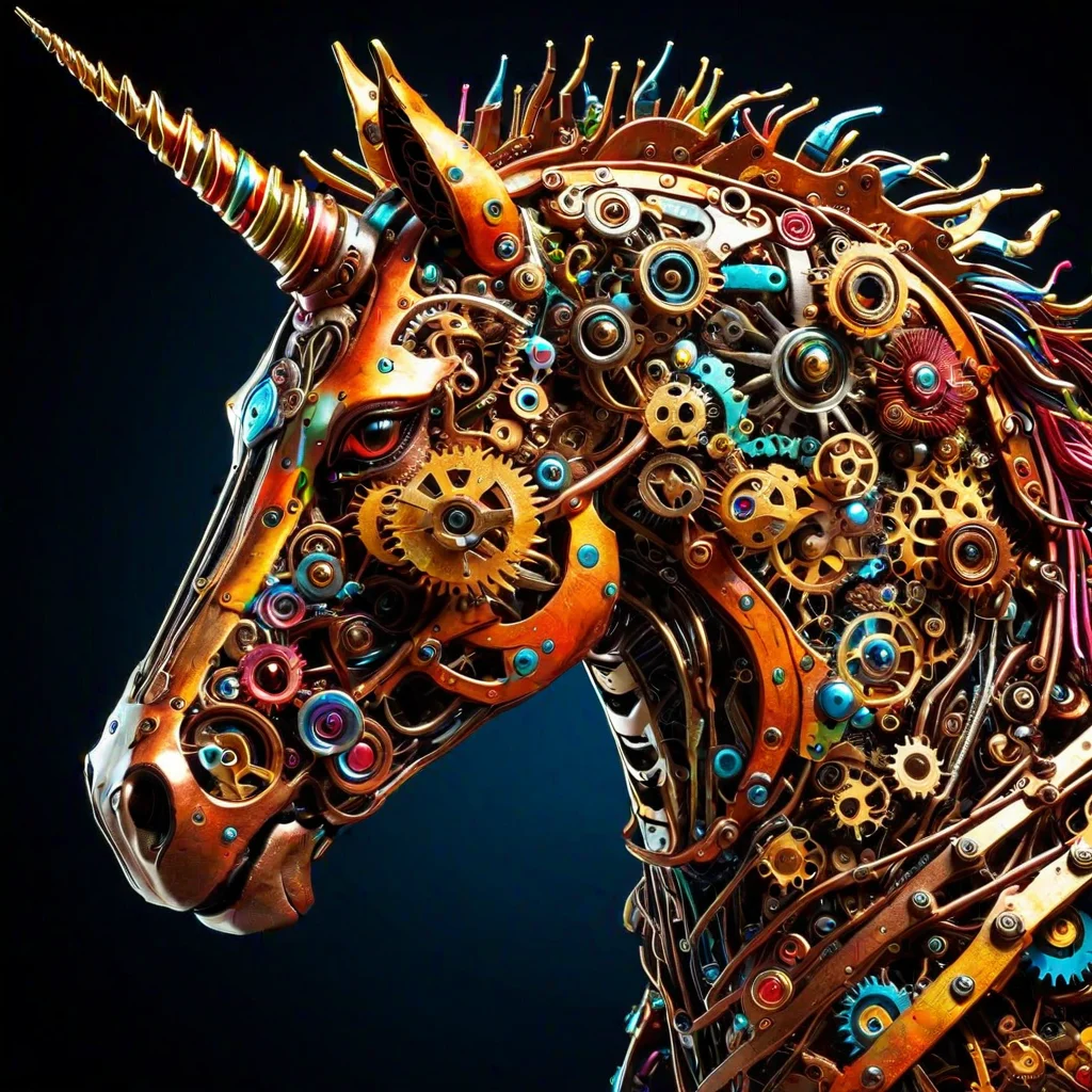 sfw, dynamic splashes, bright colors, high contrast, closeup of a cybernetic unicorn made of roast gears with colourful metal , hyperdetailed, photorealistic,<lora:challenge\gearstyle-000001.safetensors:0.8500000000000002:0.8500000000000002>