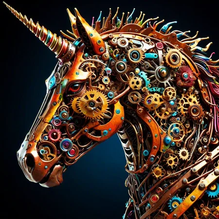 sfw, dynamic splashes, bright colors, high contrast, closeup of a cybernetic unicorn made of roast gears with colourful metal , hyperdetailed, photorealistic,<lora:challenge\gearstyle-000001.safetensors:0.8500000000000002:0.8500000000000002>