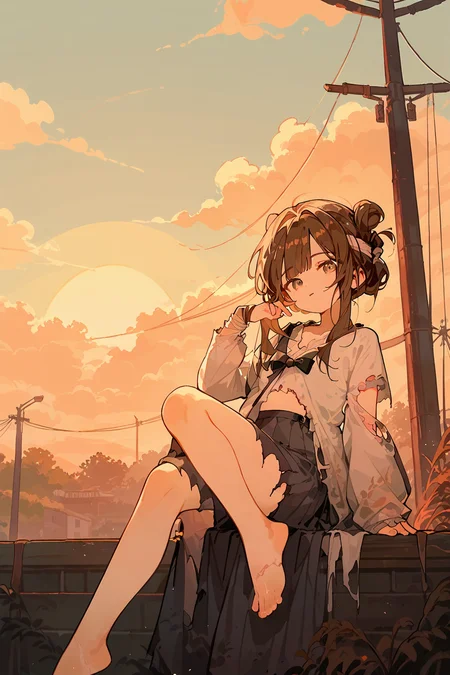 (score_9,score_8_up,score_7_up),<lora:mansui-v1:1>,mansui,1girl,solo,brown hair,torn clothes,shirt,hair bun,bangs,sunset,long hair,ribbon,
good feet,anime,NSFW,expressive,amazing quality,ultra hd 32k,