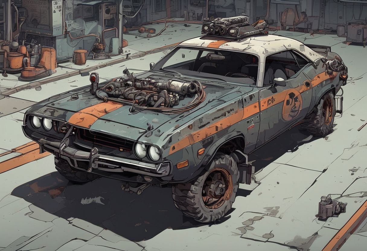 Old white Dodge challenger 1970 in very dark night cyberpunk sci-fi garage, sci-fi 70s,in style Pacific Drive car, in style DMC Deloren from  Back to the future, patches, radar on the car roof, glowing fluorescent hoses, retro cassette futurism 70s, fluorescent wires and modules and devices and gadgets 70s,  style of ghostbusters technology, radioactive glowing hose and tubes,  spacepunk dieselpunk atmosphere, frostpunk colors, cyberpunk 2077 car,  (masterpiece:1.2, best quality), Graphic details, perfect design, very dark black night cyberpunk background, glowing cloning vats inside car
Scrapbuilt
