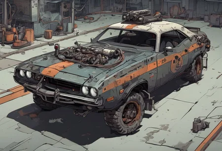 Old white Dodge challenger 1970 in very dark night cyberpunk sci-fi garage, sci-fi 70s,in style Pacific Drive car, in style DMC Deloren from Back to the future, patches, radar on the car roof, glowing fluorescent hoses, retro cassette futurism 70s, fluorescent wires and modules and devices and gadgets 70s, style of ghostbusters technology, radioactive glowing hose and tubes, spacepunk dieselpunk atmosphere, frostpunk colors, cyberpunk 2077 car, (masterpiece:1.2, best quality), Graphic details, perfect design, very dark black night cyberpunk background, glowing cloning vats inside car
Scrapbuilt