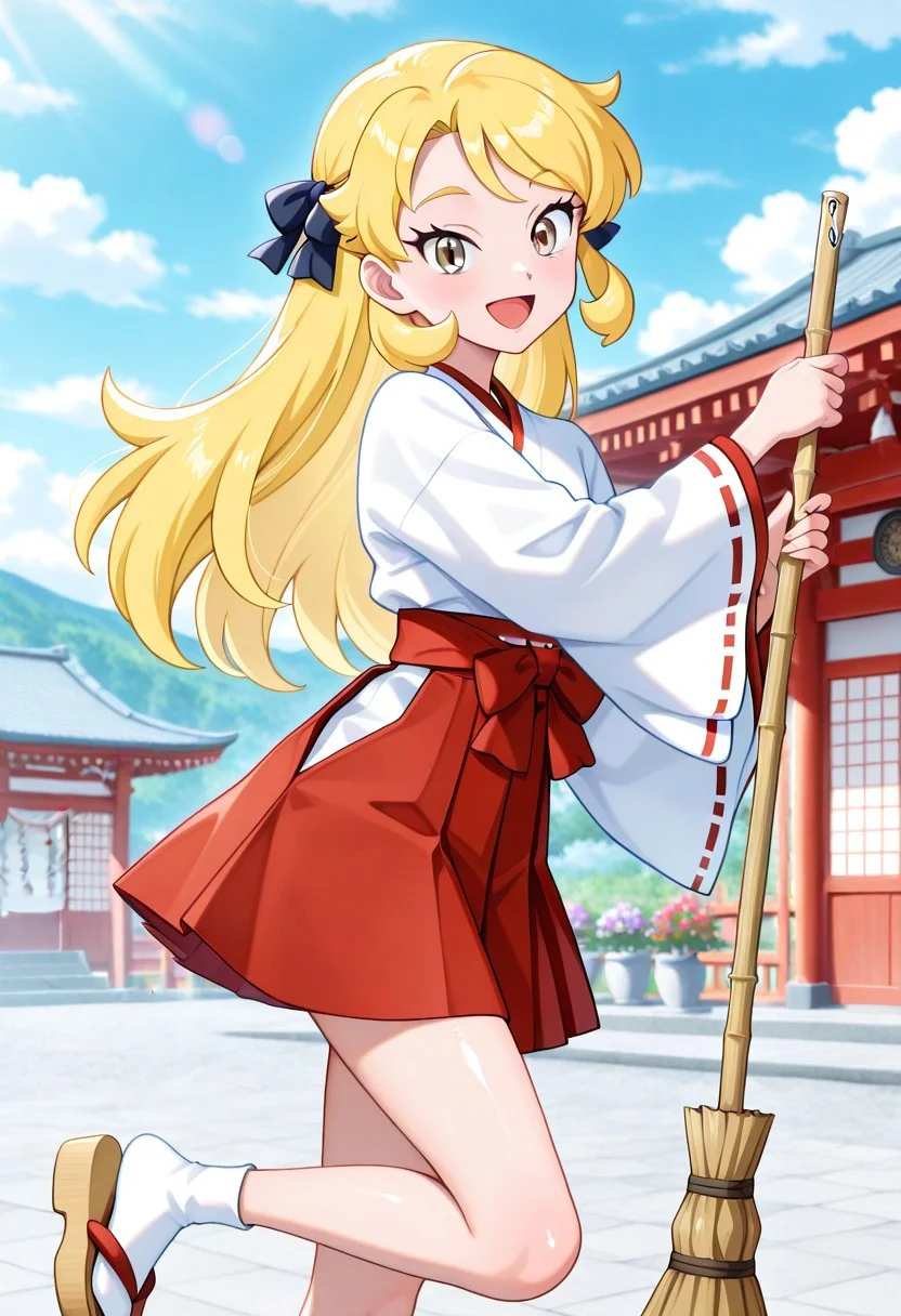 masterpiece, best quality, amazing quality, very aesthetic, absurdres, newest,shiny skin anime screenshot <lora:CynthiaJourneys:1>cynjourney, 1girl, blonde hair, long hair, ribbon, grey eyes, miko-cosplay, smile, hair ribbon, eyelashes looking at viewer, white socks, flowers, holding broom, open mouth,