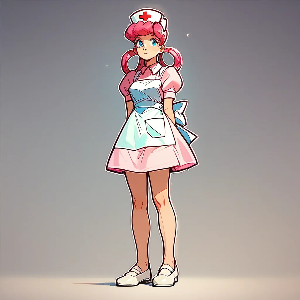 Score_9, score_8_up, score_7_up, Nurs3_j0y, solo, pink hair, hair rings, blue eyes, pink dress, apron, nurse cap, white footwear