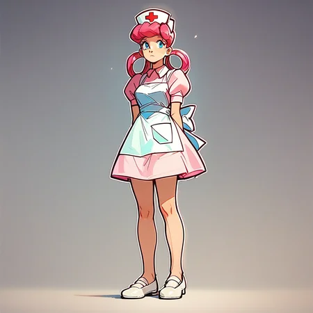 Score_9, score_8_up, score_7_up, Nurs3_j0y, solo, pink hair, hair rings, blue eyes, pink dress, apron, nurse cap, white footwear