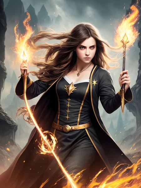 photorealistic photo of a handsome young female wizard, black wizard shirt with golden trim, black robe moving in the wind, long white hair, fully clothed, perfect face, handsome, (perfect composition:1.4), deviantart hd, artstation hd, concept art, detailed face and body, award-winning photography, margins, detailed face, detailed hands, ,backlight, 12k ultrarealistic, ray tracing, intense gaze, looking at the viewer, cinematic lighting, embers, high fantasy background, action pose, hands up to 90 degrees, holding a small magic wand, water splash, misty, the most beautiful artwork, trending on artstation, trending on CGsociety