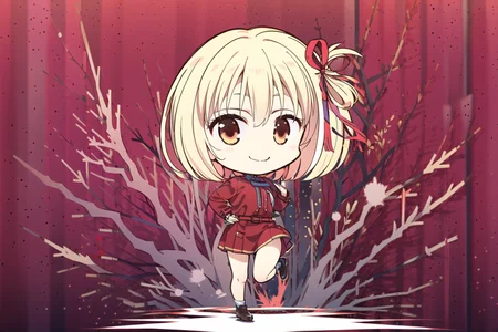 masterpiece, best quality, 1girl, <lora:yuzusoft-chibi:1>, solo, chibi, simple background, dynamic pose, red_jacket, ribbon, red_eyes,blond hair,short hair,hair_ribbon,smile, <lora:lycorisRecoil_chisatoV10:1>, full body