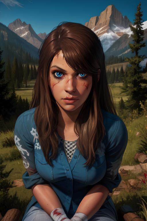 JessBlack,blue eyes,  brown hair,  face scars,  long hair, 
blue undershirt, hands bandages,  from above, 
looking at viewer, solo ,upper body, 
woods, country, mountains,  medium breasts,  sitting,  log, 
(insanely detailed, beautiful detailed face, masterpiece, best quality),
 <lora:JessBlack:0.8>