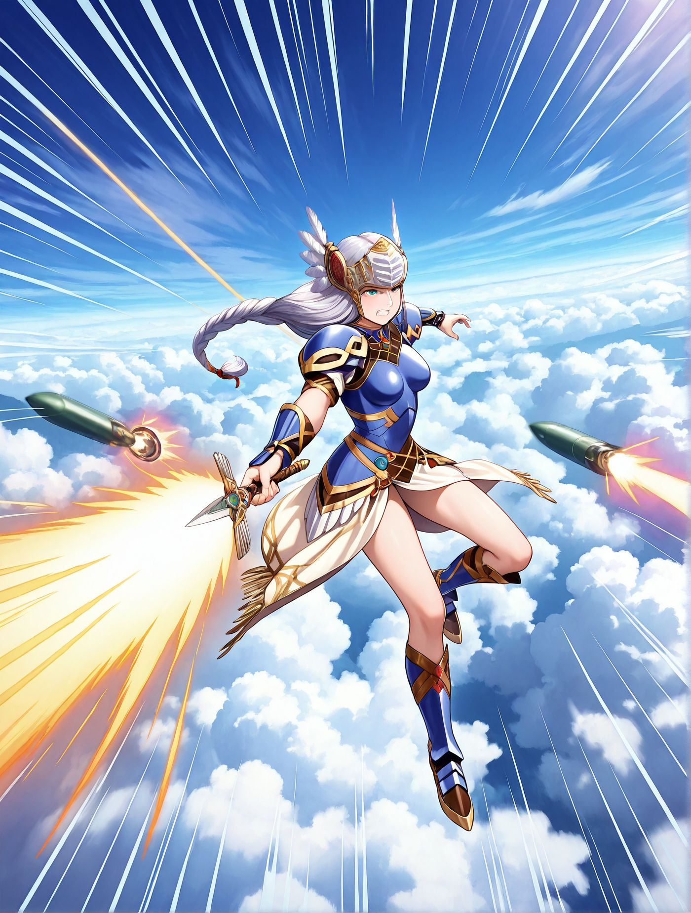 masterpiece,best quality,amazing quality,very aesthetic,absurdres,newest, huge filesize,
<lora:spo_sdxl_10ep_4k-data_lora_webui:0.5>,
<lora:add-detail-xl:1>
 official art, valkyrie profile \(series\),
clenched teeth, floating hair, <lora:Itanocircus_Illust0.1XL1:1>,Itanocircus, floating,flying,(Multiple missile:1.2),aerial battle,afterburner,glowing, lens flare, motion blur,above clouds,cloud, sky, day, laser,(explosion:0.6), emphasis lines, motion lines,speed lines, 
BREAK
<lora:Valkyrie_ProfileV1_r1:0.8>Valkyrie ProfileV1, 
1girl,
blue armor,armor,
armored dress,weapon,
sword,solo,
long hair,braid,
helmet,
feathers,
winged helmet,
v_lenneth,