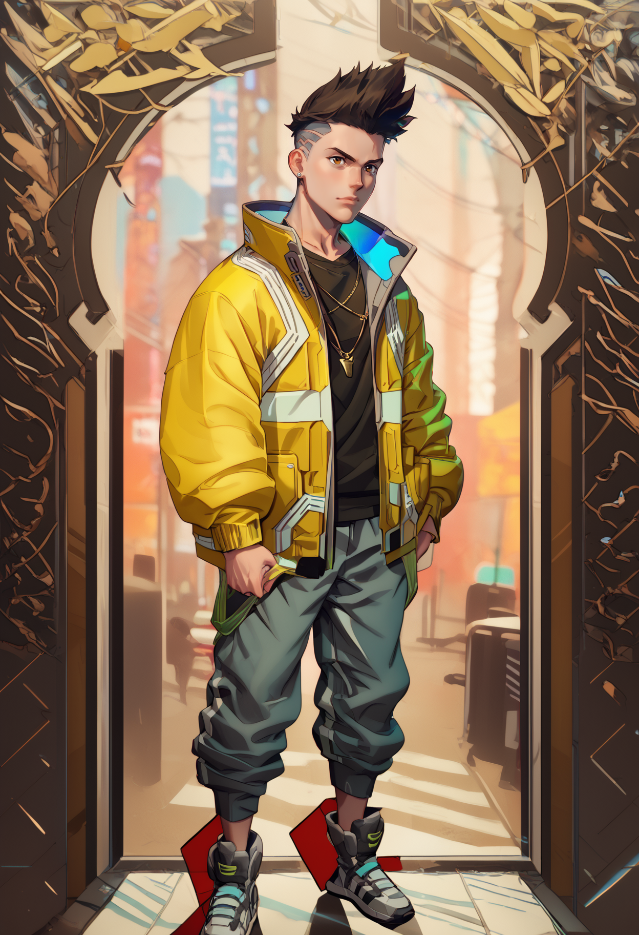 score_9, score_8_up, score_7_up, score_6_up, abstract background BREAK 1boy, <lora:David_Martinez:0.7> david, bottomless, full body, brown eyes, undercut, necklace, wearing yellow jacket and sneakers <lora:fuhrerdoodles_ponyxl:0.8>