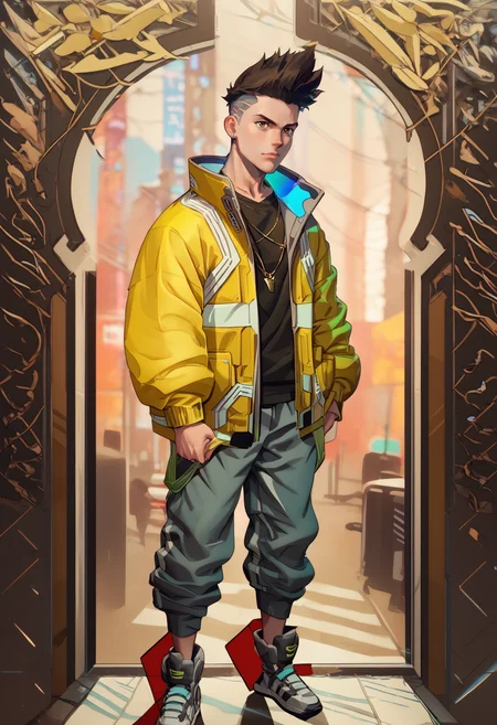 score_9, score_8_up, score_7_up, score_6_up, abstract background BREAK 1boy, <lora:David_Martinez:0.7> david, bottomless, full body, brown eyes, undercut, necklace, wearing yellow jacket and sneakers <lora:fuhrerdoodles_ponyxl:0.8>