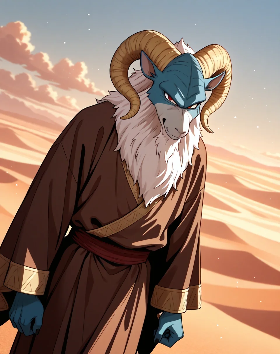 <lora:Moro_1st_Form_(Dragonball_Z)_(Illustrious)_(AD):1.35> Moro, muscular, goat,
dutch angle, exterior, desert, sky with detailed clouds,
male focus, gradient coloring, solo, cowboy shot, bent leg, perfect proportions, goat head, blue body, soft shading, evil smirk, old, aged up, frail, wrinkles, long white beard, thin waist, tattered brown robes,
BREAK very awe, aesthetically pleasing, masterpiece, best quality, amazing quality, very aesthetic, perfect depth of field shot, in'ei, furry_art, source_furry, source_anime,
EZRealPONYXL, zPDXL, Smooth Quality, lazympos, IllustQualXL_Pos,