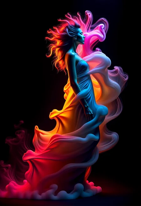 bv-smowormor. (The words "Smoke World Morph" prominently formed from swirling smoke tendrils, appearing curling around a human figure like an inscription .:1.5) A human figure partially emerging from swirling smoke . Background is completely black . Clothing and body are partially dissolving into ethereal smoke. Facial expression is calm and serene, eyes softly closed . Hairstyle is wild and disheveled, caught in wind with wisps of smoke . Figure positioned in an abstract, undefined space with swirling smoke patterns . Pose is dynamic, mid-motion, leaping forward with colorful smoke trail. Clothing details are ethereal wrappings glowing faintly, with glowing embers swirling around. Scene elements include colored smoke moving like waves. Style is impressionistic, abstract smoke movements. Lighting is soft and diffused, with shadows dancing across mist . Background gradient from bright red to orange . Smoke colors vibrant hues of red, purple, and blue . Additional details faint silhouettes barely visible through smoke . , <lora:bv-smoke-world-morph-1-0.safetensors:1.0:1.0>