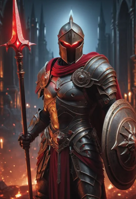 Spartan Warrior, combat stance, glowing crimson eyes, spartan armor, spartan helmet, crimson cloak, looking at viewer, ultra high quality, intricate and detailed color, 2.5D, dark night, cathedral background, dark, highly detailed, Spear and Shield, 8k, UHD, HDR, unreal engine, (((In the style of Frank Miller))),