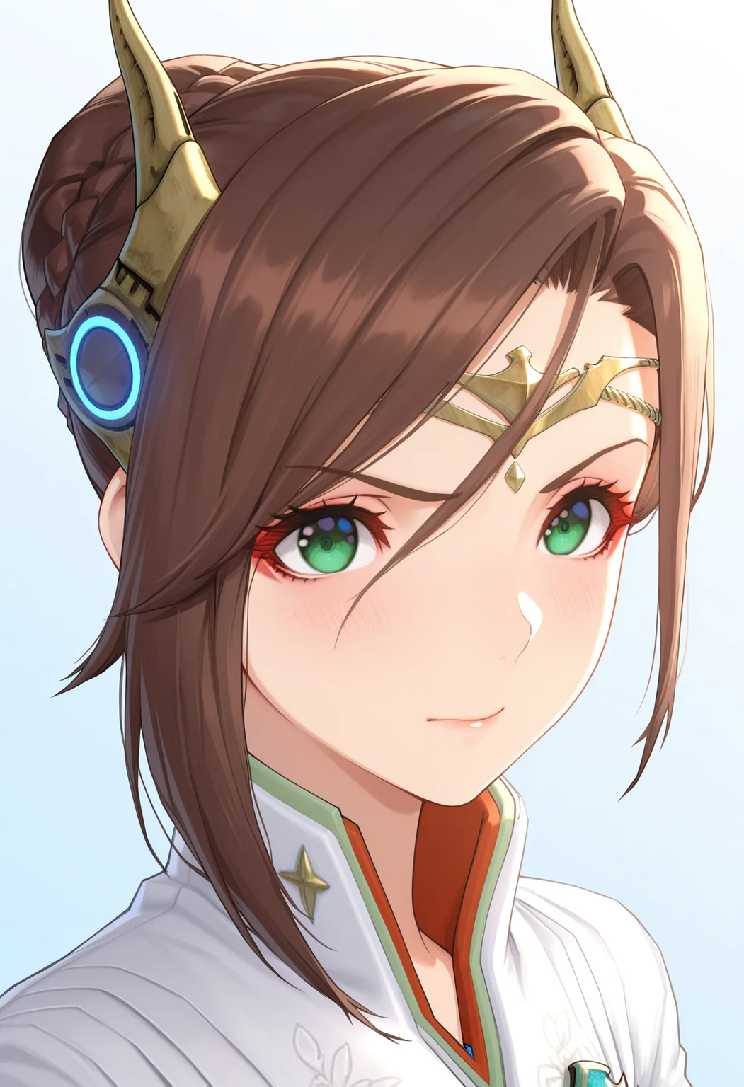 masterpiece, best quality, good quality, 1girl, solo, alexandria, portrait, circlet, mechanical horns, green eyes, short hair, eyeliner<lora:alexandria illustrious 111:1>