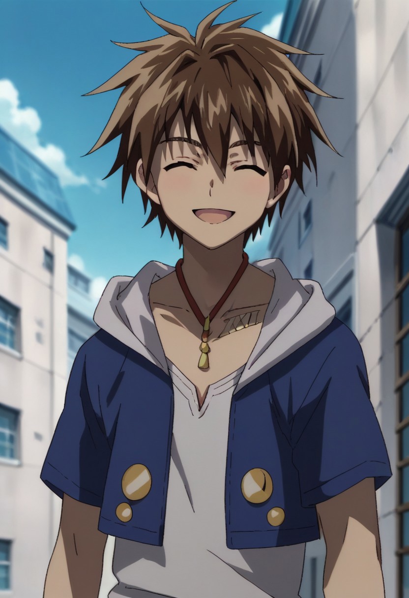 score_9, score_8_up, score_7_up, source_anime, highly detailed, 
TraiHeay, 1boy, male focus, solo, brown hair, hood, hoodie, jewelry, closed eyes, necklace,
looking at viewer,  open hoodie, white shirt, smile, open mouth
outdoor, sky, building,