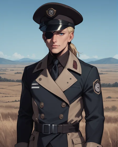 score_9, score_8_up, score_7_up, source_anime BREAK (1boy),male, male focus,mature, cowboy shot, blonde hair, low ponytail, hat, cap, peaked cap,eyepatch, blue eyes, upper body, detailed eyes,angular and chiseled,<lora:Galactic:0.7> enclaveuni,wearing uniform, landscape with Complementary Colors <lora:Fallout_-_Enclave_Officer_UniformPONY:0.7>