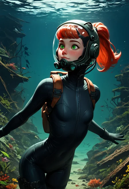 1woman, Masterpiece, 4k, ultra high detail, score_9, score_8_up, score_8, 21yo, small breast size, long red ponytail hair, fcNeg, stunning green eyes, freckles, white skin, small nose, innocent beauty, slim face, skinny body, perfect body, supermodel,
Old_diving_gear, dark _divingsuit, glass_helmet,
Dark Underwater_ruins, very_dark, less_green_light,
Sunken city, floated ruins, dark night,
negative_hand, NightScapes, creepy_night, Diving Suit, 18th centuary diving suit, old diving suit,