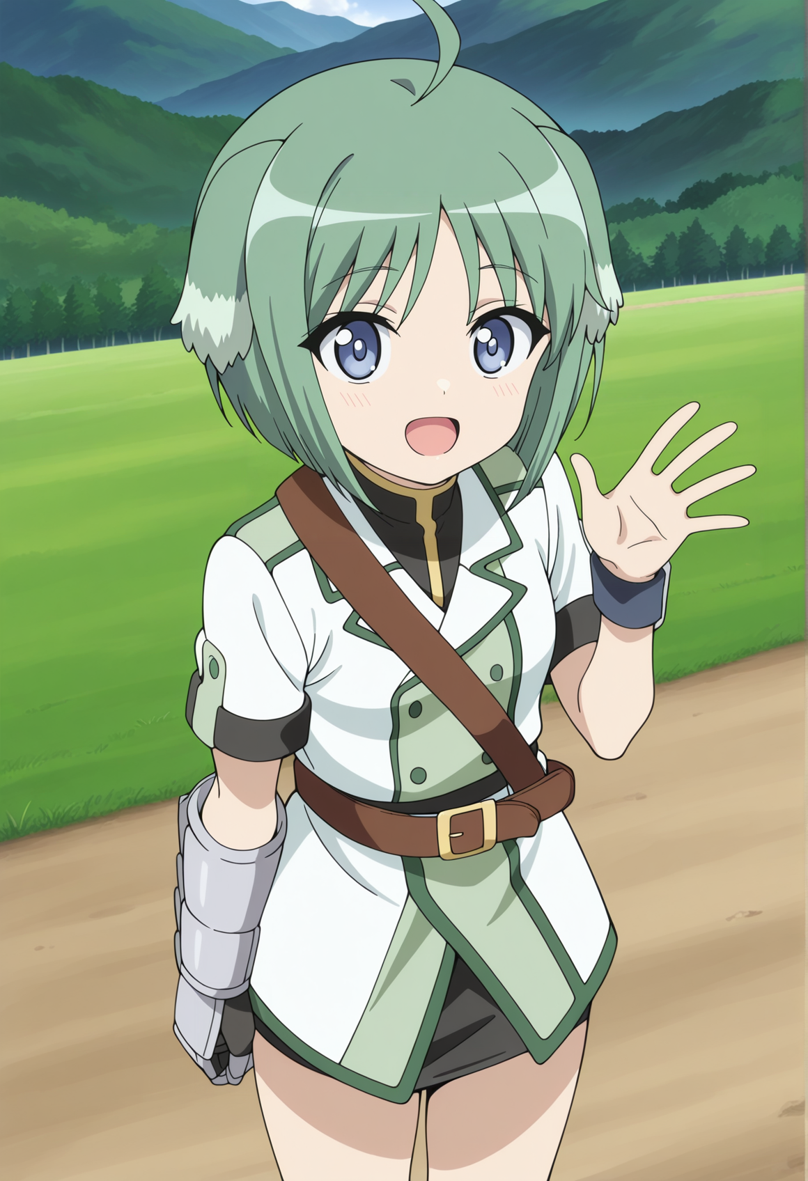 1girl, 1girl, short hair, green hair, dog ears, military uniform, short sleeves, gauntlets, pencil skirt, outdoors, waving <lora:eclair_dd:1>, masterpiece, best quality, amazing quality, very aesthetic, absurdres, highres, newest