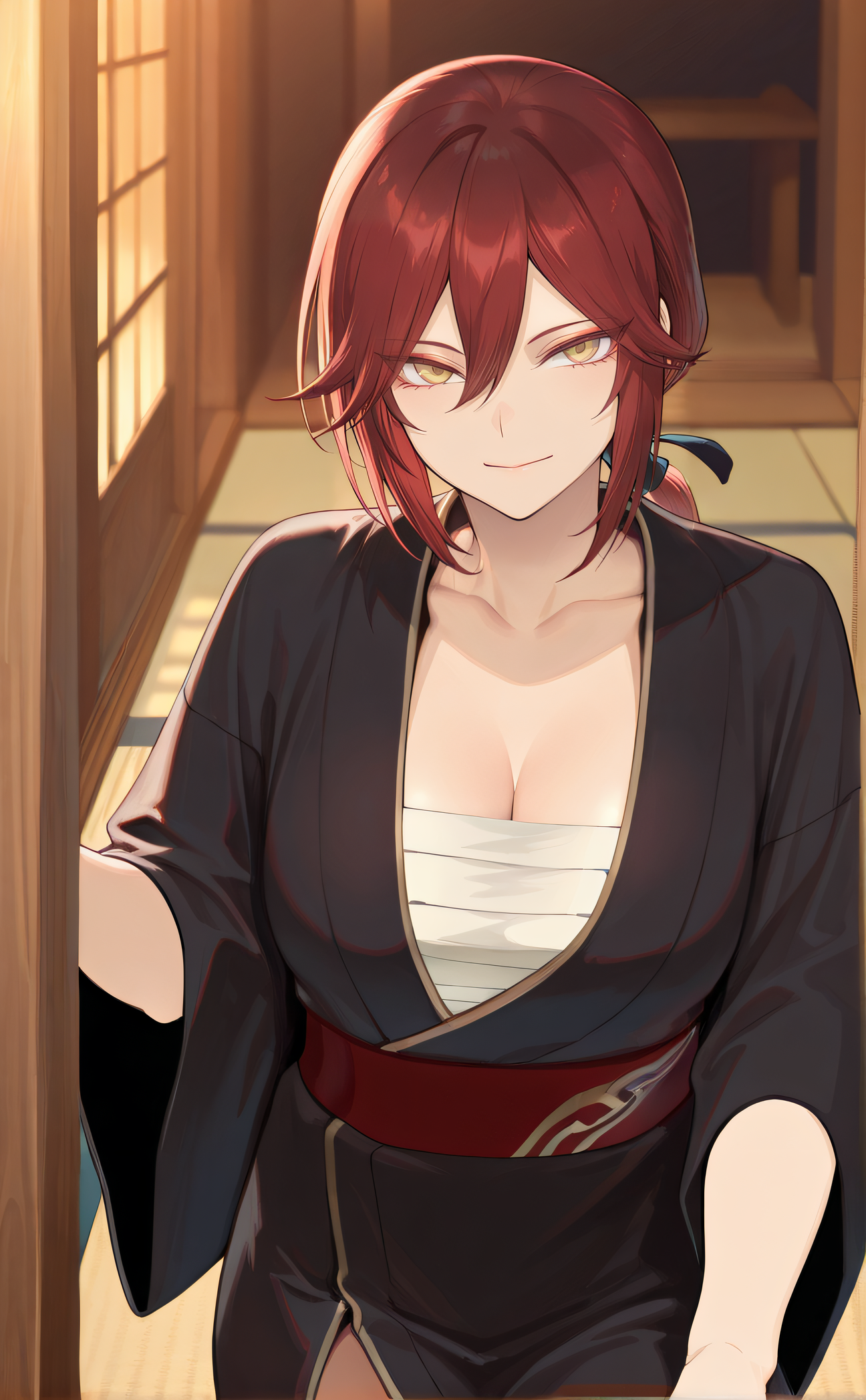 masterpiece, best quality, highres, newest, official artstyle, extremely detailed CG, 1girl, solo, <lora:Tsubaki:1>, tsubaki, red hair, yellow eyes, low ponytail, black kimono, sarashi, collarbone, red sash, wide sleeves, looking at viewer, smile, indoor, cowboy shot, expressionless