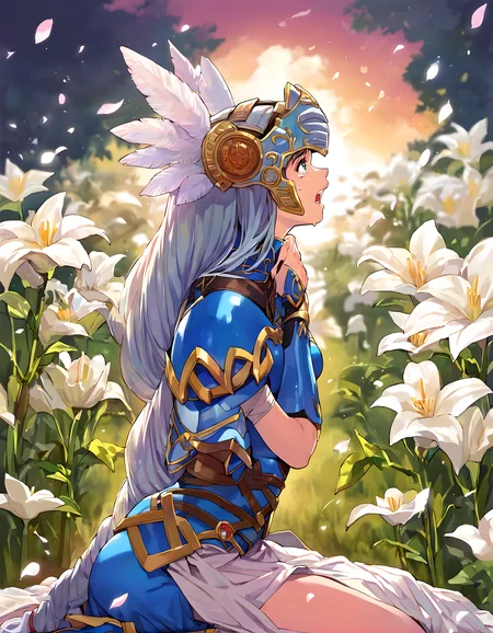 <lora:pony_xl_Lenneth:0.9>,Lenneth,score_9,score_8_up,score_7_up,source_anime,1girl,solo,open mouth,teeth,tears,from side,profile,crying,nature,sunset,flower field,Lily of the valley,petals,head_up,looking_up,hands_on_own_chest,kneeling,valkyrie,winged helmet,blue armor,shoulder armor,pauldrons,long_skirt,blue footwear,boots,