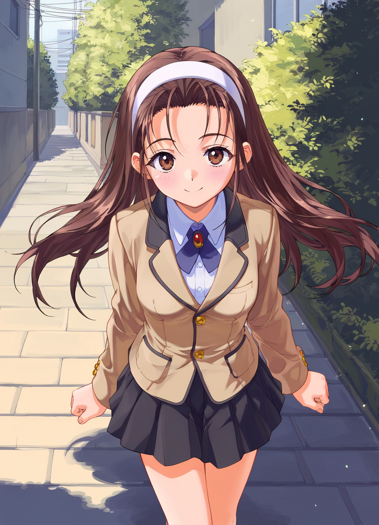 score_9, score_8_up, score_7_up, masterpiece, best quality, absurdres, official art, official style, anime screencap, megami magazine, zPDXL2, zPDXLxxx, <lora:Itsuki Haruka (Escalation -Hard Core-) Pony v1_epoch_10:0.7>, 1girl, solo focus, itsuki_haruka, large breasts, BREAK, tareme, brown eyes, BREAK, black hair, brown hair, long hair, bangs, sidelocks, forehead, BREAK, white hairband, hairband, BREAK, school uniform, blazer, brown jacket, long sleeves, buttons, BREAK, white shirt, BREAK, miniskirt, pleated skirt, black skirt, BREAK, white legwear, BREAK, loafers, BREAK, <lora:neg4all_bdsqlsz_xl_V91:1.0> <lora:ALTXL_pony_0061_8:2.0>, <lora:detailed_hands-000002:1>, hand cowboy shot, looking at viewer, smile, (open mouth:0.5), outdoors, (standing, walking:1.1), street, morning, dim lighting, light particles, ((on back)), ((from above))