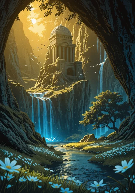 fantasy, large tree, nature, sun light, cavern, grass, river, cliff, foggy, valley, waterfall, white flower field, [:ambient bird:0.15], BREAK, particles effect, bokeh, scenery, ancient ruins temple, [:(by Potg \(Piotegu\):1.25):0.65], BREAK, detailed background, detailed foreground, depth of field, realistic, photorealism, blue theme, yellow theme, [:yellow light, blue light:0.15]