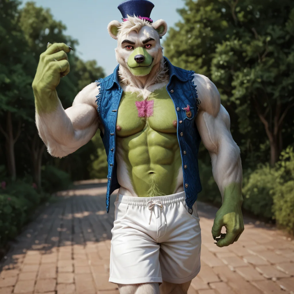 <lora:saucebear_ponyxl-10v1.1:1.7> score_9, score_8_up, score_7_up, BREAK, outdoor, solo, (source_furry), (saucebear), gentle smile, deep blue hat, bear ears, orange eyes, (white fur:1.5, green color front chest, green fingers), (wearing blue vest), detailed eyes, detailed muscular, detailed muscular chest, detailed hat, male focus, detailed face, detailed ears, (detailed clothing), detailed tail, (wearing very tight white shorts), looking at viewer,
<lora:Pony_DetailV2.0:1> <lora:add-detail-xl:0.55> <lora:detailed_notrigger:0.35> <lora:ZoroJ:0.2> <lora:Kidde_Jukes:0.3> <lora:Chunie-Pony-XL-v6:0.2>