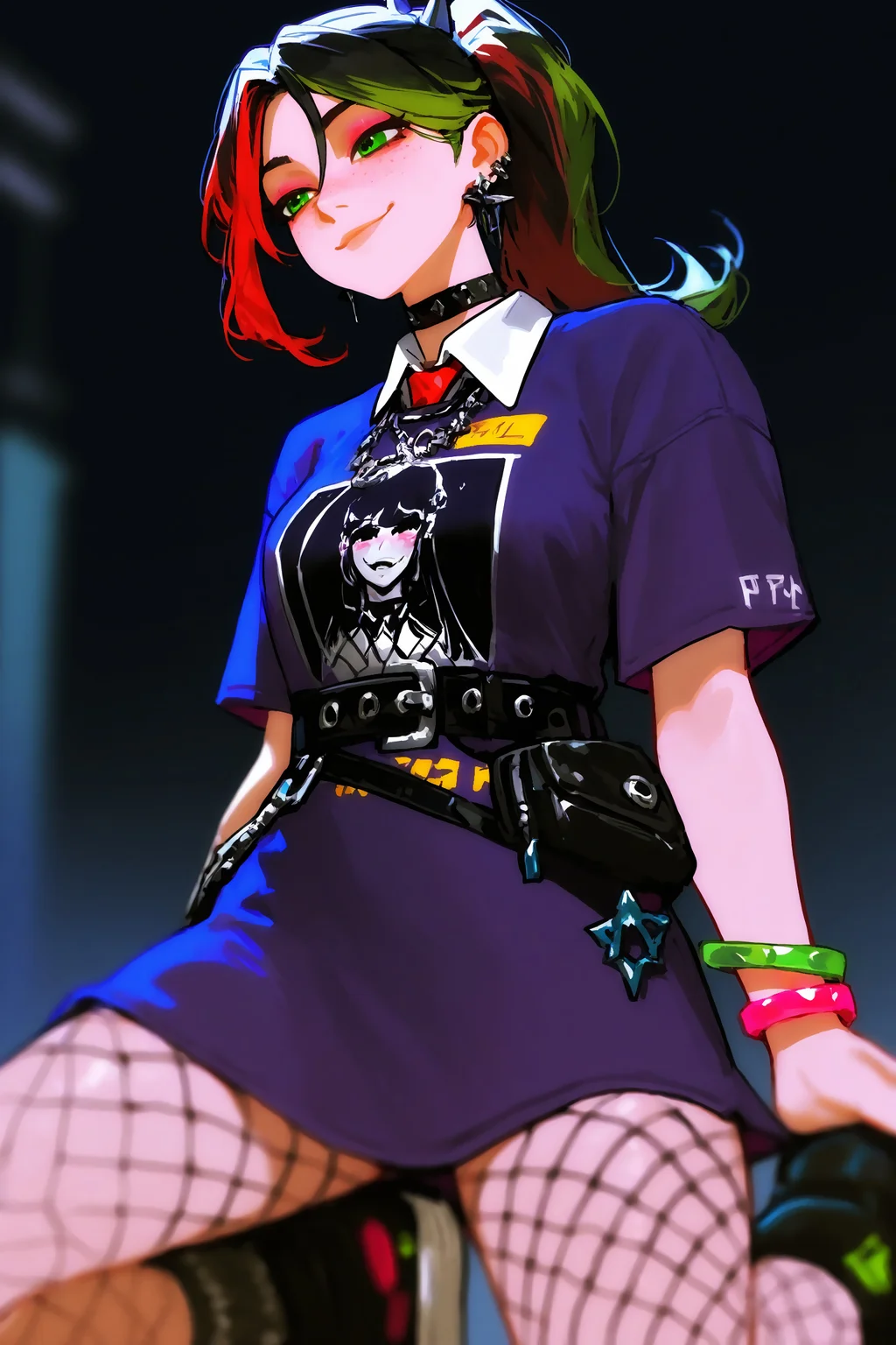 (masterpiece, best quality, absurdres, highres), solo, imtdhelsiexl, 1girl, multicolored hair, black hair, green hair, red hair, ponytail, green eyes, dress, bracelet, collared shirt, spikes, necktie, fishnets pantyhose, freckles, streaked hair, belt, choker, multicolored nails, thigh strap, belt pouch, cross earrings, eyeshadow, dress print, sneakers, socks, smile, closed mouth.,very aesthetic,amazing quality,high resolution,depth of field,ultra-detailed