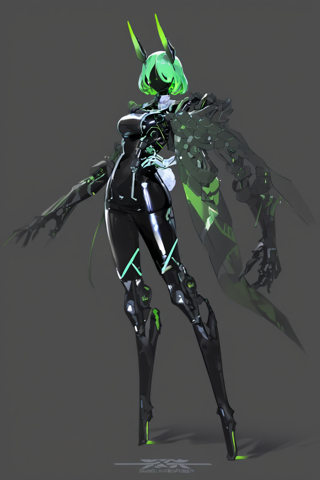 score_9, score_8_up, score_7_up, score_6_up, score_5_up, score_4_up, BREAK, source_anime, solo, 1girl, rating_safe, ((mature female)), ((long green flowing hair)), mechanical parts, (big backwards folded mechanical rabbit ears), mature female, (bunny ears), (animal ears), subdermal port, ((milf, mature female, big breasts)), hexagon lines in skin, naval uniform overcoat, naval uniform, white military uniform, dress_uniform, ribbons, ((red eyes)), bunny tail, rabbit tail, aiguillette, ((green hair)), ascot, ((Eye-level angle (from behind) view Close shot (focus on feet))), latex pilot suit, shoulder cutout, bunny rabbit Tail, ((hair over one eye, )), digitigrade, clawed feet, minimal clothes, ((metal skin, shiny skin, vampire aesthetic, digital eyes, filled eyes, monochromatic eyes, glowing eyes, colored sclera, red sclera, mechanical eyes, partially shaded face, )), <lora:ECHANIS:1>, <lora:Wild_Mecha_Mix:1> sci-fi, mecha, robot girl
