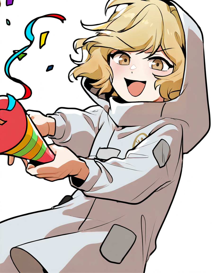 lamiya, anotherstyle, 1girl, solo, blonde hair, open mouth, hood, smile, white background, party popper, confetti, holding, short hair, hood up, brown eyes, long sleeves, simple background, v-shaped eyebrows,<lora:lamiya_noob>,
masterpiece,best quality,very aesthetic,absurdres,
