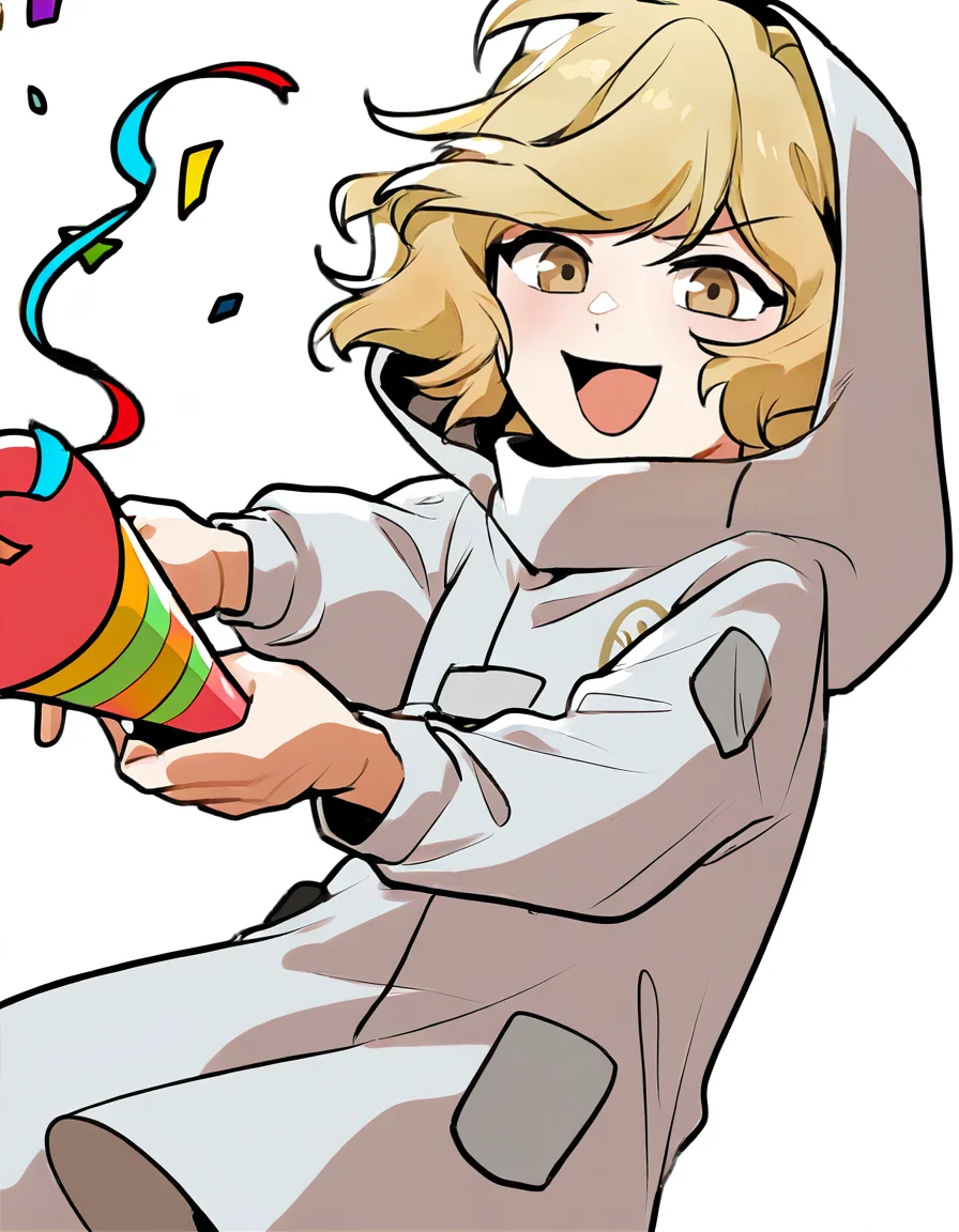 lamiya, anotherstyle, 1girl, solo, blonde hair, open mouth, hood, smile, white background, party popper, confetti, holding, short hair, hood up, brown eyes, long sleeves, simple background, v-shaped eyebrows,<lora:lamiya_noob>,
masterpiece,best quality,very aesthetic,absurdres,