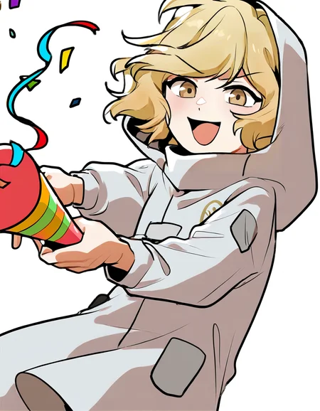lamiya, anotherstyle, 1girl, solo, blonde hair, open mouth, hood, smile, white background, party popper, confetti, holding, short hair, hood up, brown eyes, long sleeves, simple background, v-shaped eyebrows,<lora:lamiya_noob>,
masterpiece,best quality,very aesthetic,absurdres,