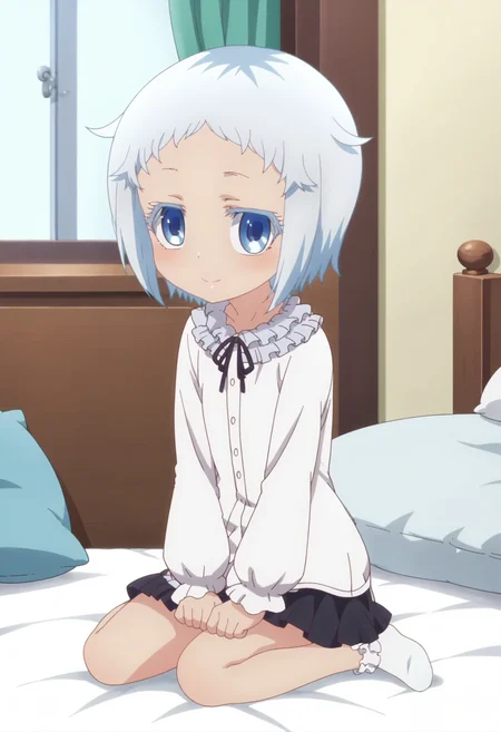 score_9, score_8_up, score_7_up, score_6_up, score_5_up, score_4_up , anime coloring ,BREAK source_anime, anime,screencap,
1girl, solo, hakuas, black skirt, white shirt, miniskirt, white socks, <lora:PonyXL Hakua V1:1>
indoors, bedroom, sitting on bed,
smile, looking at viewer,