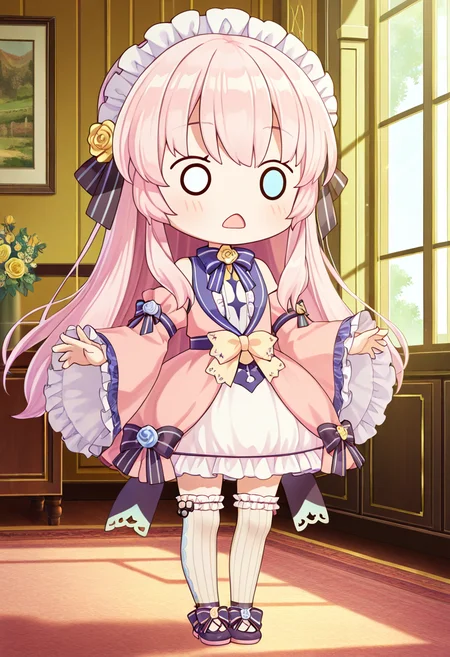 1girl, solo, little girl, chibi, <lora:eksistere_ill_v1:1>, eksistere, long hair, pink hair, frill headdress, o o, yellow blue heterochromia, pink dress, white skirt, frill thighhighs, vertical stripes, black string from skirt, wide sleeves, bare shoulders, striped bow, yellow blue rose, bow shoes, indoors,  
extremely detailed anime cg, anime screencap, anime artwork, amazing quality, very aesthetic, absurdres, newest,