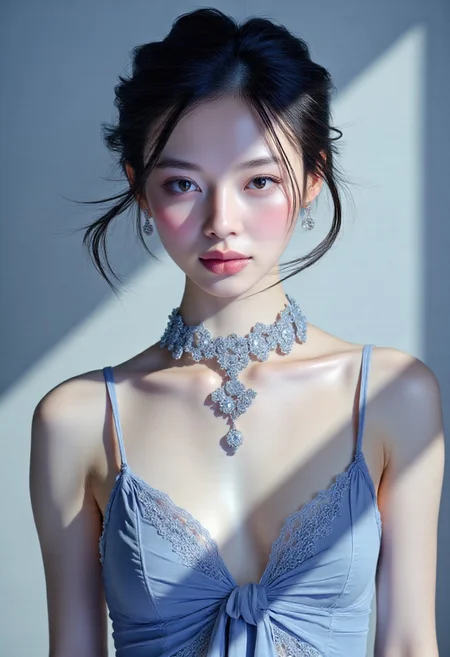 mwv7_alpha_v01,2D fashion Studio Ghibli Dark Fairytale, illustration of a woman with pale, flawless skin, ( portrait consists of her midriff ) High quality, highly detailed, hyper-realistic, 8K, masterpiece, digital painting. A young Asian woman with porcelain-smooth, pearlescent skin that glows subtly with opalescent highlights. Her refined features—sharp jawline, delicate nose, and glossed garnet lips—give her an ethereal allure. Her almond eyes are deep-set with violet shimmer and delicate cat-eye liner. She has a short, sleek black bob with sharp bangs, slightly tousled with a matte finish. She's dressed in a semi-sheer, icy blue silk camisole with thin straps, embroidered with delicate silver constellations, clinging tightly across her chest. Her neck is adorned with a choker made of translucent crystal petals. Chrome hexagon earrings shimmer with prismatic refraction. Background: a soft gradient from moonlit blue at the top to pale cyan below, glowing with a cool dreamlike tone. Style is sleek, futuristic elegance, with her midriff subtly defined and gently illuminated. (girl, pinkprismaticglow, Zen Ink Wash Sumi-e, Perfect hand, ArsMJStyle, 0utp0st style), (((fabric subtly ripples across her chest, clinging to her curves)))