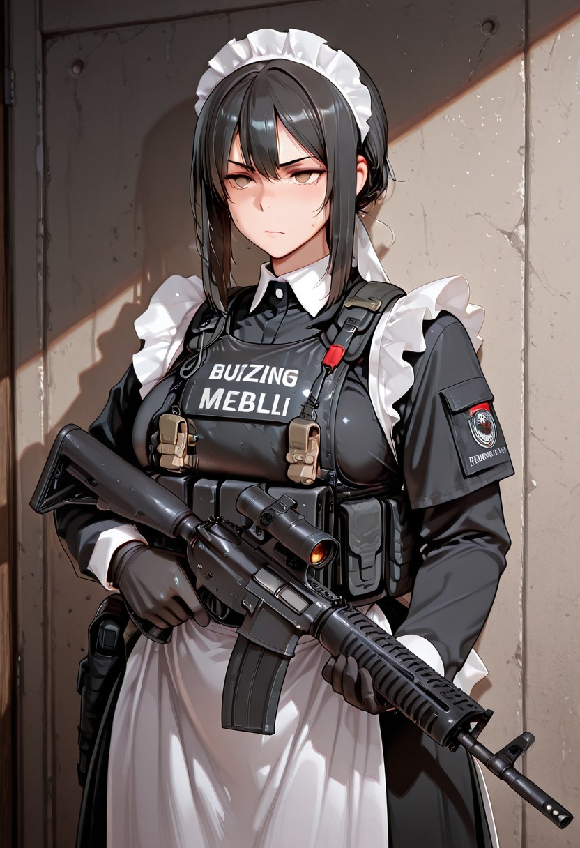 mature maid, black hair, bulletproof vest, tactical gear, maid uniform, serious looking,benelli m4, 
,masterpiece,best quality,amazing quality,