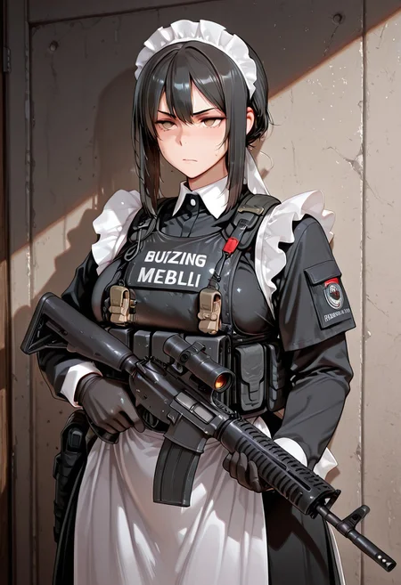 mature maid, black hair, bulletproof vest, tactical gear, maid uniform, serious looking,benelli m4,
,masterpiece,best quality,amazing quality,