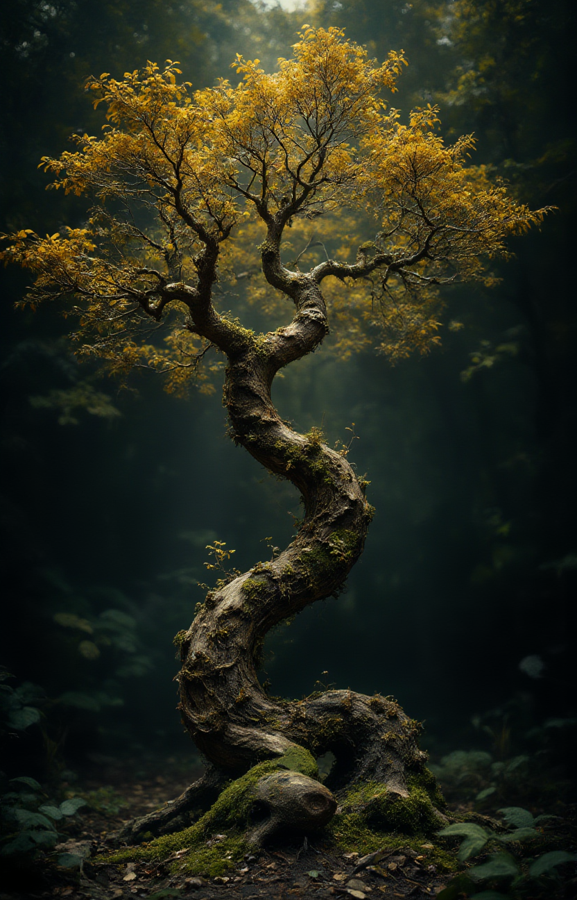 A twisted, ancient tree with a unique spiral trunk stands amidst a dark forest, its golden leaves illuminated by a soft, ethereal light filtering through the canopy above. The intricate details of the tree's bark and the vibrant contrast of the leaves against the dark backdrop create a sense of wonder and mystique    <lora:- Flux1 - soothing_atmo_V2.0:.8>