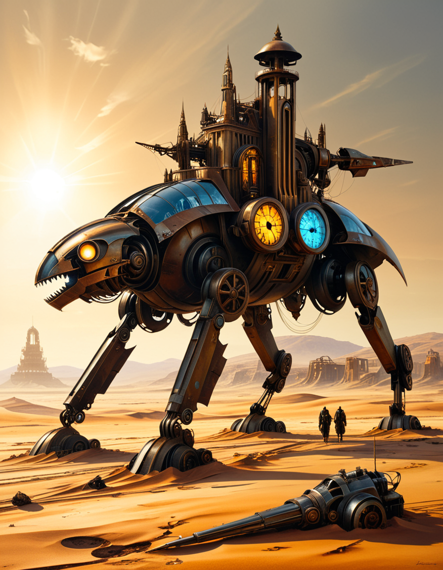 A surreal, post-apocalyptic painting in the style of JarosÅaw Jasnikowski, depicting the remnants of humanity fully transformed into biomechanical cyborgs wandering across an endless desert. The figures are tall and thin, with elongated limbs made of polished brass, steel cables, and exposed clockwork mechanisms. Their faces are partially human, partially machineâsome with glowing eyes, others with metal masks or glass domes revealing complex gears within. Each cyborg carries strange mechanical devices or wears baroque, steampunk-inspired armor. The desert landscape is vast and cracked, with rusted machine parts half-buried in the sand and fragments of broken technology scattered across the ground. In the distance, colossal, decaying machines lie abandonedâhalf-sunken cities, metallic towers bent by time, and airships grounded and torn apart. The sky is hazy and ochre-colored, with two suns casting long, warped shadows. The atmosphere is haunting and symbolic, evoking themes of lost humanity, time, and industrial decay. Rich textures, dark golden tones, and impossible architecture complete the surreal and philosophical ambiance typical of Jasnikowskiâs work.<lora:SDXLFaeTastic2400:0.4> <lora:extremely_detailed:0.4> extremely detailed, <lora:JarosÅaw_J4sn1k0wsk1_r1:1>,JarosÅaw J4sn1k0wsk1, Masterpiece,best quality,hi res,8k,hi res,8k,award winning,(sharp focus, intricate, highly detailed),