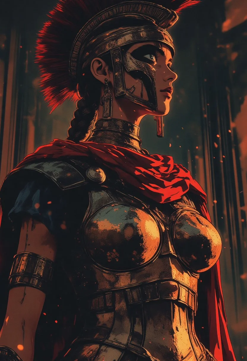 Female Roman soldier, Revenant, war paint, face paint, eye black, glowing eyes, in profile, toned arms, braided hair, battle damaged armor, large breasts, breast plate, dark and moody background, adds a dramatic tone, subtle lighting reflections, ray traced, foreshortening, particle effect, Holding a sword,