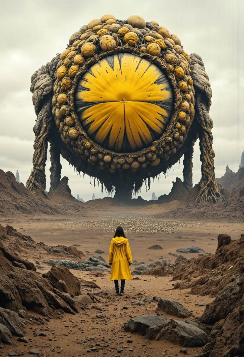 A hyper-realistic hauntingly beautiful dark sci-fi scene featuring a vast, barren landscape with a colossal, organic, yellow spherical object. A sphere made up of intertwined and fused egg spheres, intertwined veins and layered flesh reveals a structure of fused mutated spheres and intertwined veins and sinews. A woman in a yellow biohazard suit stands on rocky terrain, staring at the mysterious sphere. An overcast sky hangs over her, creating an eerie atmosphere on the desert landscape. In the distance, man-made structures can be seen on the horizon, hinting at a wider world, sci-fi and high tech. This striking image evokes a sense of wonder and curiosity, inviting viewers to explore the mysterious world that lies within, cinematic, painting, high definition, high detail, 16K resolution. ultra sharp focus photo, 3d render, architecture, dark fantasy, vibrant (photography, high-resolution, dynamic, energetic, hyper-realistic, dramatic lighting, shallow depth of field.)