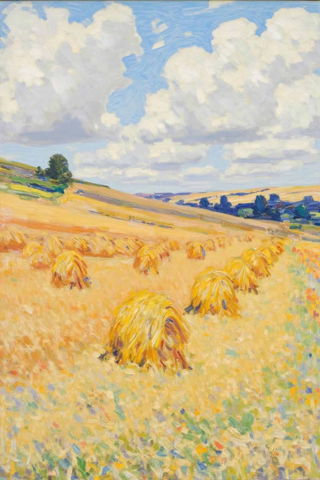 helenmcnicoll2 painting.
A rural landscape during harvest season. A golden wheat field stretches across the lower half, with numerous haystacks scattered throughout in varying shades of yellow and gold. <lora:helenmcnicoll2_cap_d6a3:1.0><lora:838467785005924079:0>