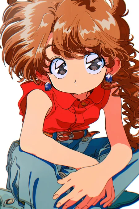 90sfugu,1girl,solo,pants,shirt,long hair,red shirt,looking at viewer,brown hair,jeans,belt,earrings,sitting,jewelry,sleeveless shirt,sleeveless,denim,white background,own hands together,braid,simple background,