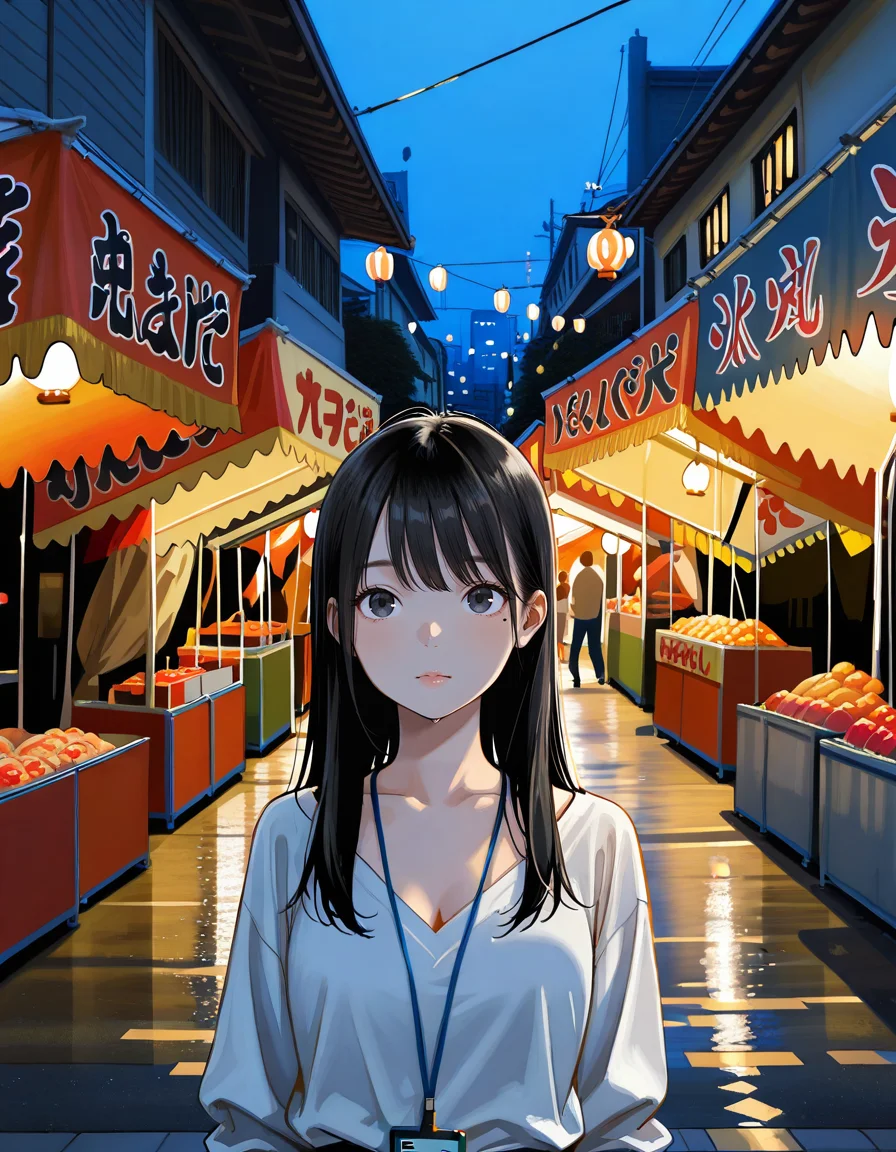 score_7_up, anime BREAK official art, solo, 1girl,
Black hair, (chest length hair:1.2), Straight Hair, bangs, one tucked behind ear, black eyes, feature large highlight, feature double highlights, shaped eyeblow,
<lora:natsumatsuri:1>, natsumatsuri,
scenery, food stand, night, lantern, paper lantern, outdoors, road, sign, street, light, building, sky, city, stalls
photo background,
(masterpiece:1.3), best quality, high resolution, unity 8k wallpaper, extremely detailed CG, 8K, (watercolor \(medium\), muted color, sketch:1.1), perfect anatomy, highly finished, masterpiece, best quality, high quality, amazing quality, great quality, very aesthetic, ultra detailed, highres, absurdres, highly detailed, highly detailed background,
