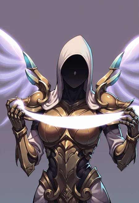 score_9, score_8_up, score_7_up, score_6_up, score_5_up, score_4_up, <lora:Auriel:0.75> 1girl, breasts, armor, white wings, glowing, hood, hood up, faceless, shoulder armor, gauntlets, upper body view, close-up, selfie pose,
(light purple background:1.15), simple background,