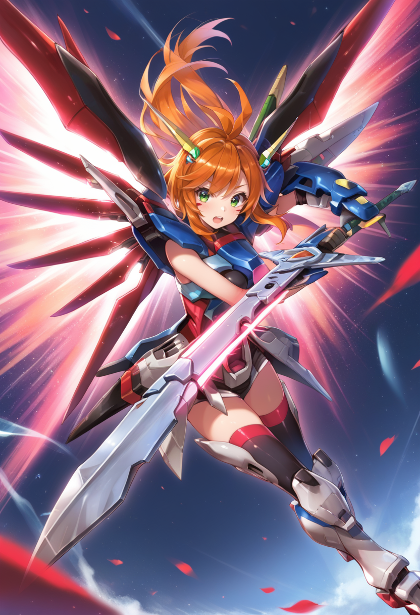 (score_9:0.9),score_8_up,score_7_up,rating_safe,anime_style,(zPDXL),<lora:Destiny Gundam ponyXL v1:0.8 >,orange hair,destiny gundam,1girl,weapon,solo,green eyes,energy sword,long hair, black thighhighs,mecha girl,open mouth,gloves,holding,mechanical wings,energy wings,holding sword,