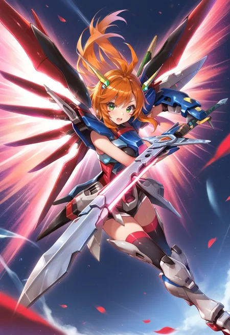 (score_9:0.9),score_8_up,score_7_up,rating_safe,anime_style,(zPDXL),<lora:Destiny Gundam ponyXL v1:0.8 >,orange hair,destiny gundam,1girl,weapon,solo,green eyes,energy sword,long hair, black thighhighs,mecha girl,open mouth,gloves,holding,mechanical wings,energy wings,holding sword,