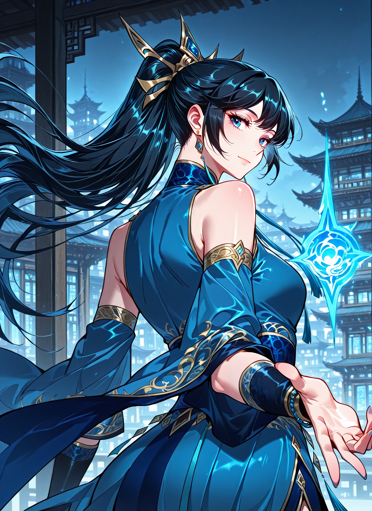 <lora:Wang_Zijin__I_am_the_Fated_Villain__Illustrious:1>
1 girl, solo, ponytail, long hair, bangs, black hair, blue eyes, <lora:DetailedEyes_V3:1>
chinese clothes, blue dress, black boots, jewelry, hair ornament, earrings, hair ornament, rare shoulders
score_9, score_8_up, score_7_up, very aesthetic, source_anime, detailed, high quality, beautiful, masterpiece, detailed eyes, cityview, blurry background, pose dynamic angle, upper body, cowboy shot, light smile, looking back, reaching out, floating hair  <lora:iLLMythG0thicL1nes:1>